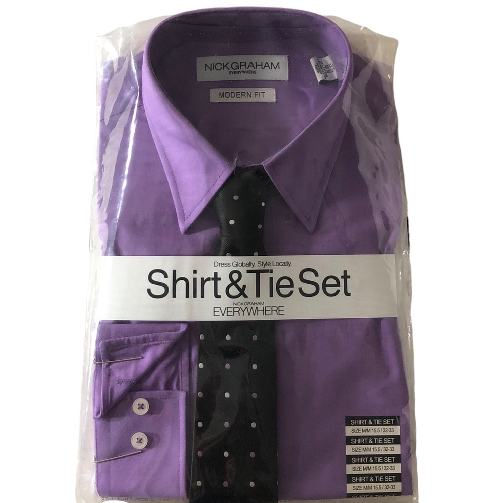 𝅺Nick Graham Purple Dress Shirt Black Dot Tie Gift Set